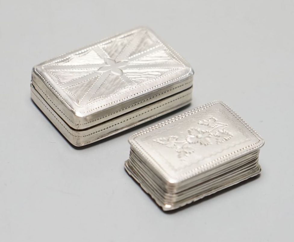 A George IV silver rectangular vinaigrette with Union Jack style decoration, Edward Smith, Birmingham, 1827, 31mm and a later smaller silver vinaigrette, Birmingham, 1835.